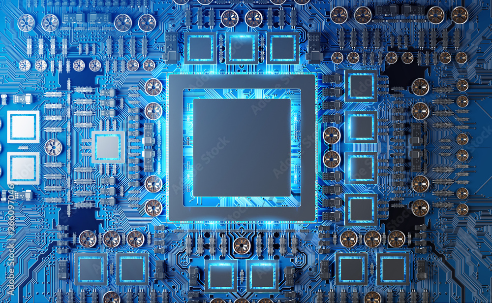 Fototapete Close-up view of a modern GPU card with circuit 3D rendering