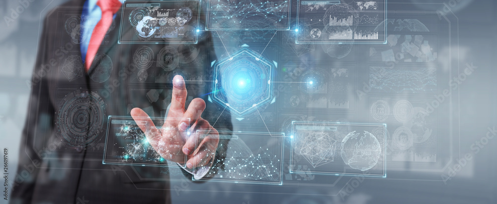 Poster businessman using digital technological interface with datas 3d rendering
