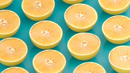 Oranges pattern on blue background, 3d render.