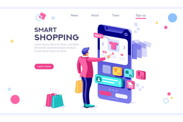 E-commerce buyer. Internet items. Banner between white background, between empty space. 3d images isometric vector illustrations. Interacting people