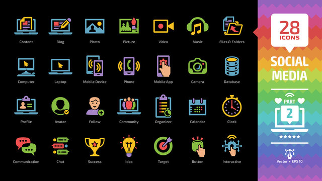 Social media network color glyph icon set part 2 with on a black background global internet digital technology, computer, laptop and mobile device, web blog and content silhouette sign.