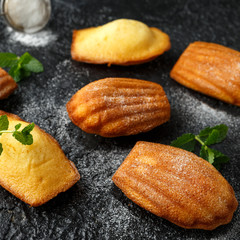 Madeleine French small cake, cookies shell on rustic background