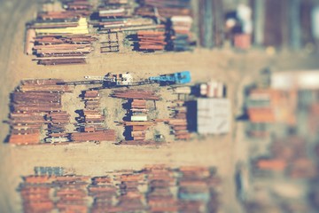 Aerial top view of steel stogare industrial place. Photo made by drone from above.