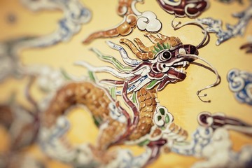 Fototapeta na wymiar Dragon decorations. Imperial Royal Palace. Selective Focus.