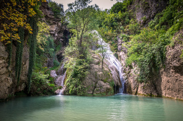 Kaya Bunar Waterfall, Bulgaria. It is located in Hotnitsa Canyon on Bohot river