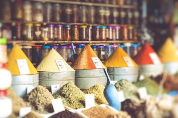 Traditional spices market in Morocco. Selective Focus.