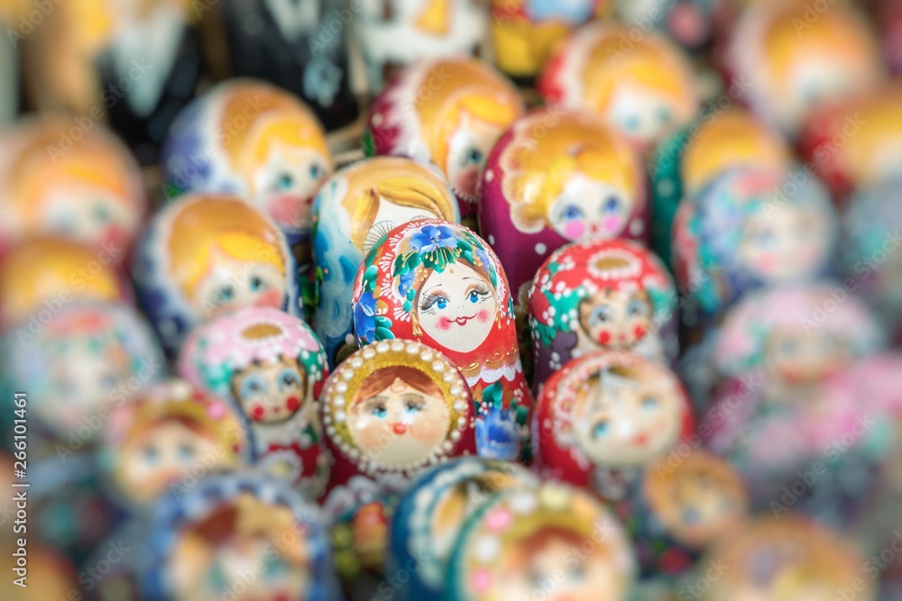 Wall mural Nested dolls in the souvenir from Ukraine. Selective Focus.