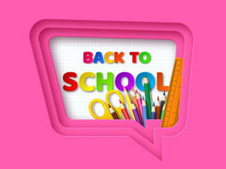 Back to school typography design with realistic school supplies. Paper cut speech bubble with letters on checkered background. 3d layered art. Vector illustration.