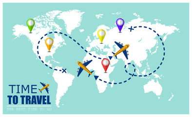 Flying airplane with dash path line. Time to travel Concept. Destination pins. Vector illustration in flat design.