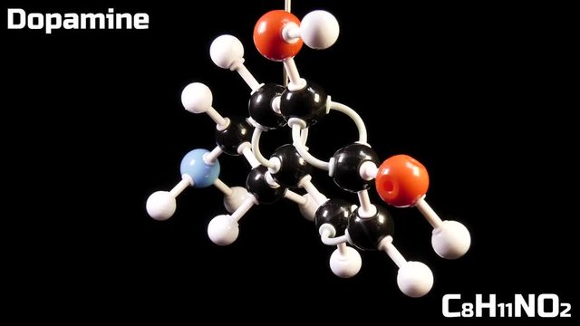 Dopamine C8H11NO2 molecule isolated on black background rotating