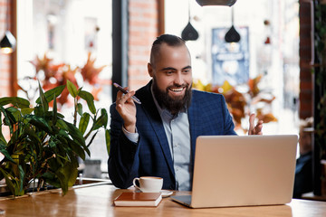 Euphoric happy businessman scream read good online news celebrating business success, great result...