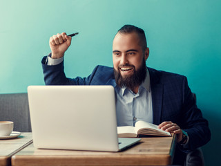 Euphoric happy businessman scream read good online news celebrating business success, great result...