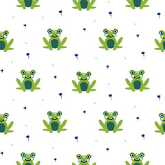 Frogs seamless vector pattern. Cute green animal bold print on white background.