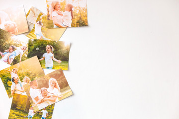 Photo album remembrance and nostalgia journey in summer surfing beach trip on wood table. instant...