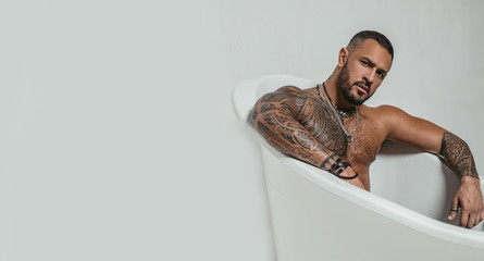 spa and hygiene. time to relax in bathroom. confidence charisma. brutal sportsman. steroids....