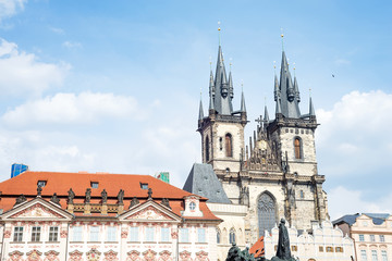 PRAGUE, CZECH REPUBLIC - 18.07. 2018: Church of our Lady before Tyn Prague Architectural image in Old Town Square with the Church of our Lady before Tyn