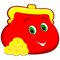 Flat drawing of a red wallet. Wallet with eyes .Smiling cartoon wallet.A bunch of dollar-cent coins. Isolated, white. Vector