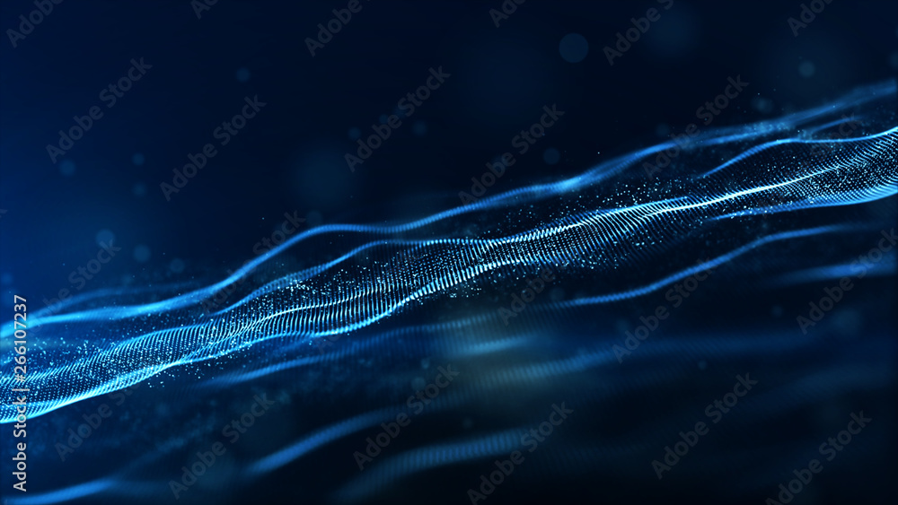 Poster abstract blue color digital particles wave with bokeh and light background