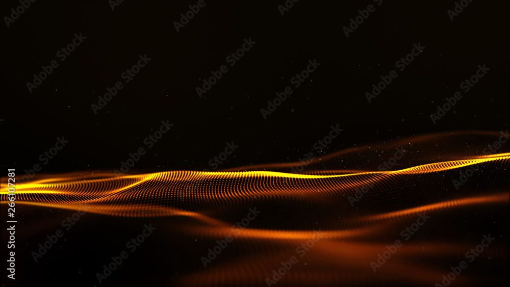 Poster abstract gold color digital particles wave with bokeh and light motion background.