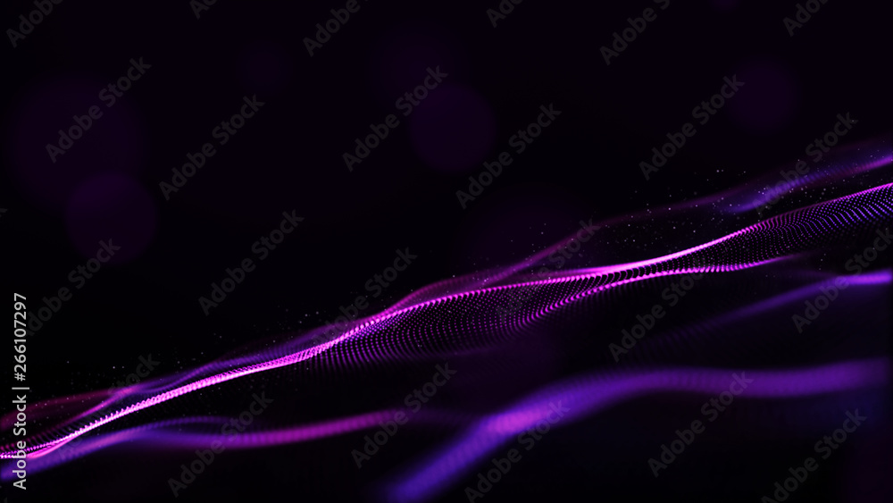 Poster abstract purple color digital particles wave with bokeh and light background