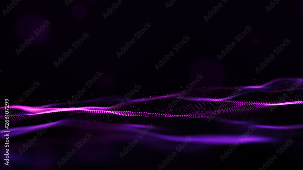 Poster abstract purple color digital particles wave with bokeh and light background