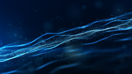 Abstract blue color digital particles wave with bokeh and light background