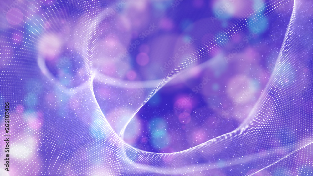 Poster abstract purple color digital particles wave with bokeh background