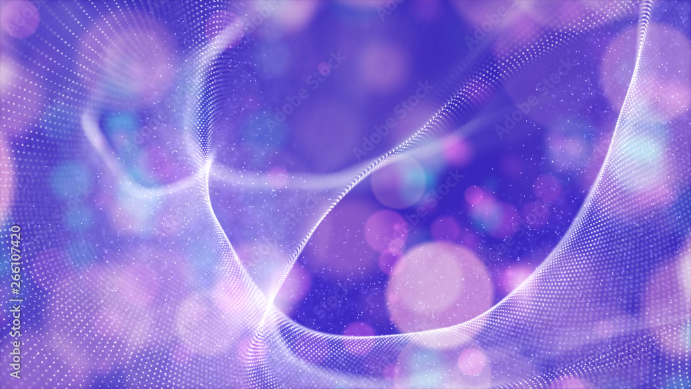 Poster abstract purple color digital particles wave with bokeh background