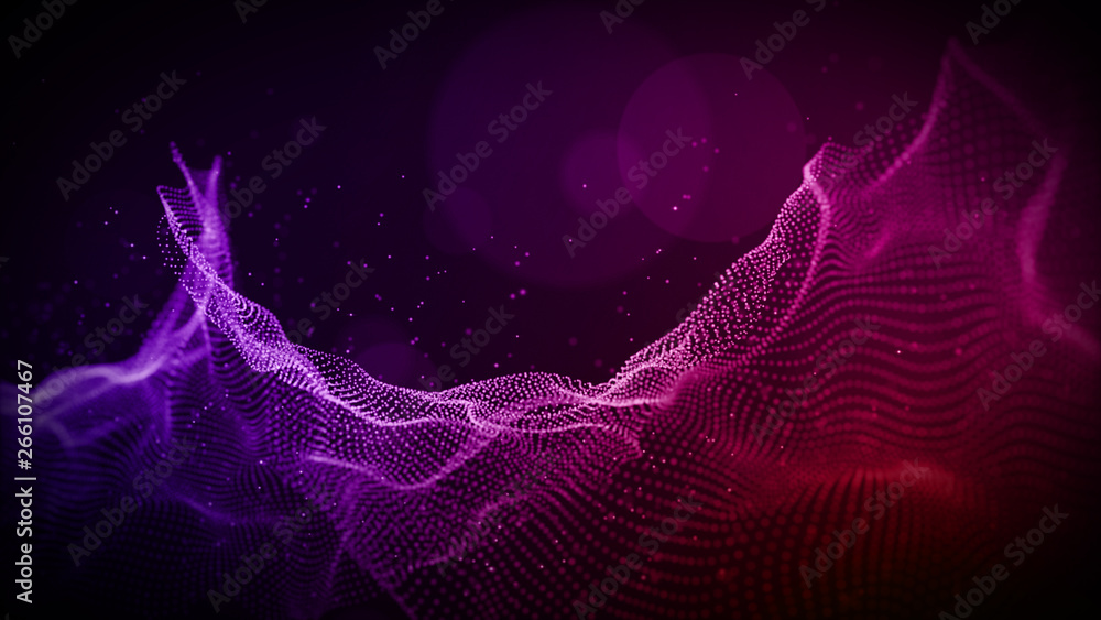 Poster abstract purple color digital particles wave with bokeh and light background