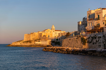 Sunset view of Vieste and cathedral in Apulian Romanesque style, Italy