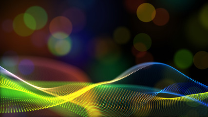 Abstract rainbow color or hologram color digital particles wave with bokeh flow background