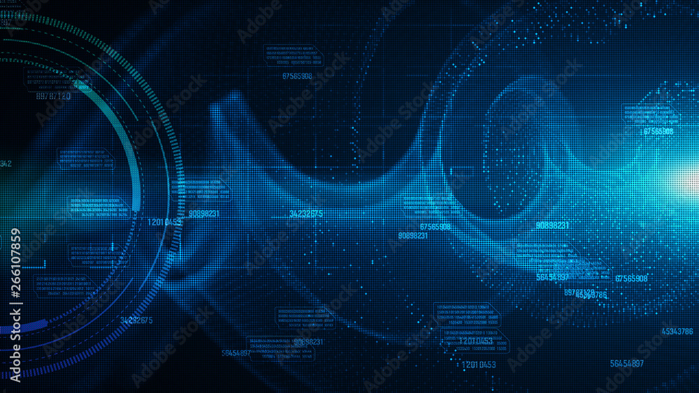 Poster hi-tech hud and data with blue color digital particles flow future background concept