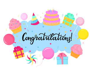 Birthday greeting card. Lettering congratulation. Cake, candy, balloon, cupcake