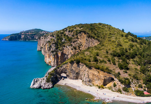 Aerial view of Palinuro coast and natural arch, Italy
