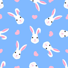Trendy childish seamless pattern with cute Easter rabbit and hearts. Can be used for the decoration of the nursery, children's clothing, kids accessories, gift wrapping, digital paper.