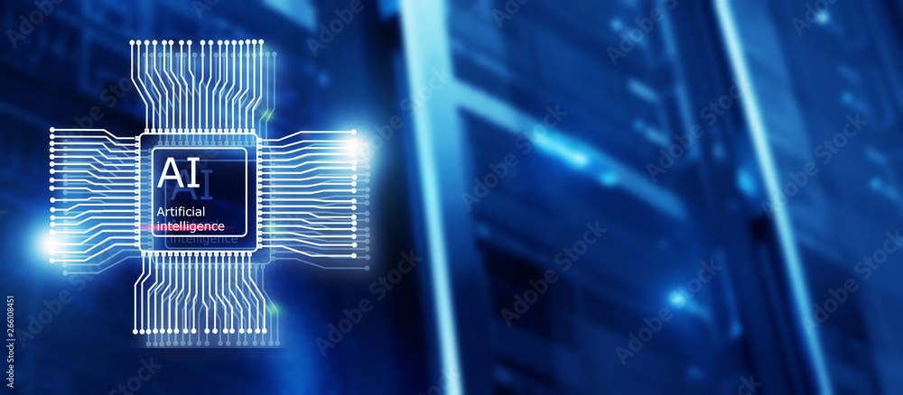 Poster artificial intelligence future technology. communication network concept. blurred modern datacenter 