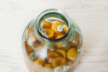  Green mold on slices of canned apricots in a glass jar