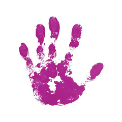 Hand paint print, isolated white background. Pink human palm and fingers. Abstract art design, symbol identity people. Silhouette child, kid, people handprint. Grunge texture. Vector illustration