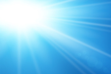 Blue sky sun flare background. Clear summer nature, sunlight weather. Sunshine glare rays, lens. Light sunny spring season. White glow sunrise, sky heaven. Bright sparkle burst. Vector illustration