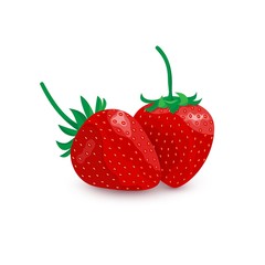 Vector two sweet strawberries icon with green leaves. Summer ripe fresh fruit isolated on white background.  Realistic strawberries in cartoon style for decorative poster, emblem natural product, farm