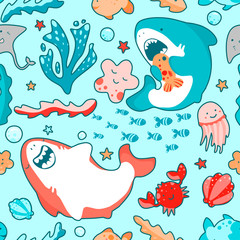 Cute marine seamless pattern with kawaii sharks, animals and algae, underwater world