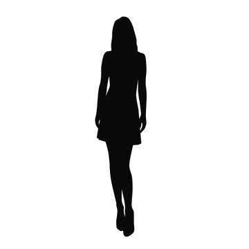 Silhouette of a woman in summer dress standing, business people, vector illustration, black color, isolated on white background