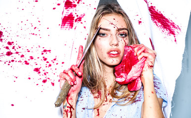 Sexy girl killer. Halloween festival. Fear and horror. Steak concept. Meat food. Murderer tender...