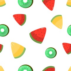 Seamless pattern of sliced melon kiwi and watermelon on white background cartoon style vector illustration