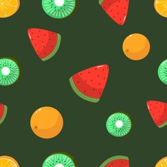 Seamless pattern of oranges kiwi and watermelon on dark green background cartoon style vector illustration