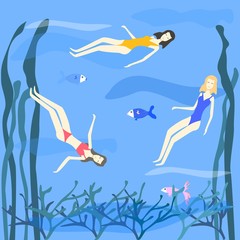 Three women swimming in the sea with fish cartoon style vector illustration