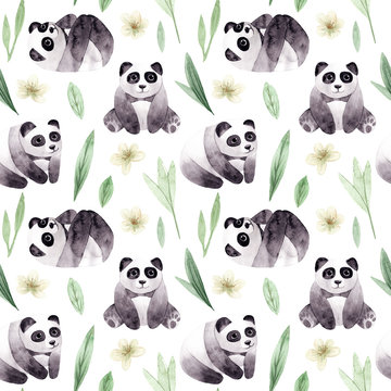 Seamless pattern. Watercolor hand painted cute panda. Pandas isolated on white background. Hand drawn patterns for baby