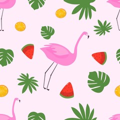 Seamless Pattern of Flamingo With Green Tropical Leaves Watermelon and Oranges Vector Illustration