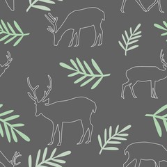 Seamless Pattern of Different Deer With Big Horns and Leaves on Dark Grey Background Vector Illustration