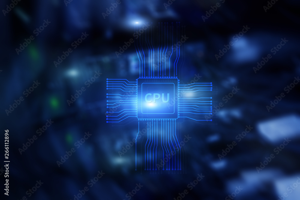 Poster blue glowing futuristic cpu in the center of computer system.